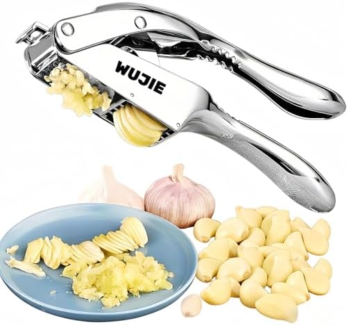 WUJIE Stainless Steel Garlic Press and Slicer - 2-in-1 Crusher and Mincer, Professional Kitchen Tool with Cleaning Brush for Garlic and Ginger, Aluminum Alloy