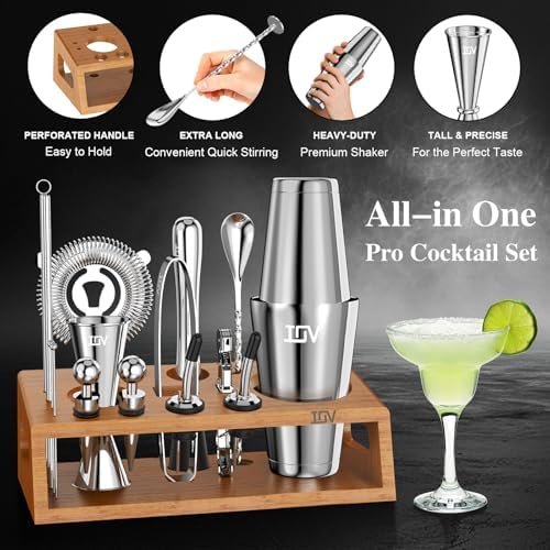IOV Mixology Bartender Kit Bar Set with Stand | 17-Piece Cocktail Shaker Set | 28oz Boston Shaker Drink Mixer Set with All Essential Accessory Tools | Fun Housewarming Gift