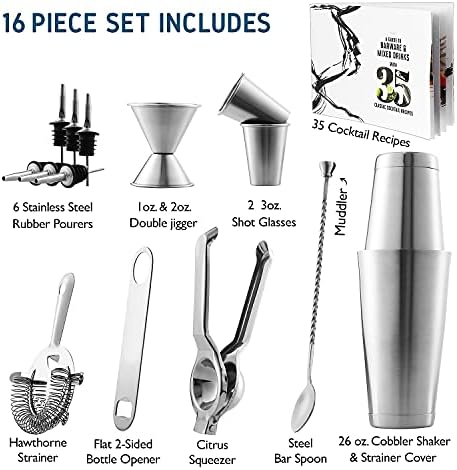 Bar Set Cocktail Shaker Set, Stainless Steel Mixology Bartender Kit, 16 Piece, Silver CocktailSet, BarTools: 30oz Martini Shaker, Muddler, Bar Kit Cocktail Book, Jigger and Pourers, (Pack of 12)