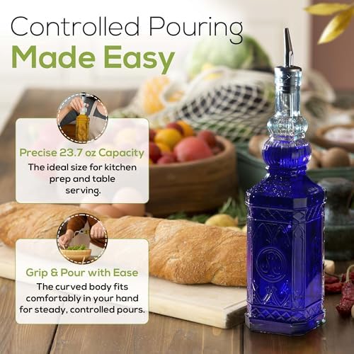 COURONNE CO. Recycled Glass Oil & Vinegar Bottle w/Pour Spout, Cobalt Blue