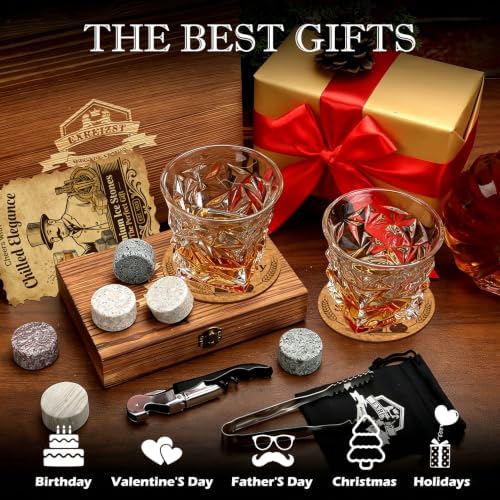 Whiskey Stones Gift Set, 2 Large Crystal Whiskey Glasses in Wood Gifts Box