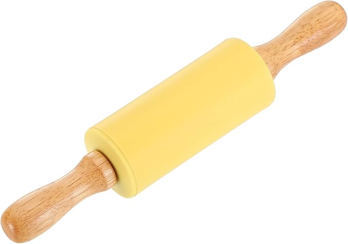 uxcell 4 Inch Silicone Rolling Pin, Small Dough Roller with Wood Handle for Pizza Pastry Fondant Kitchen, Light Yellow