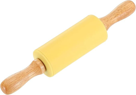 uxcell 4 Inch Silicone Rolling Pin, Small Dough Roller with Wood Handle for Pizza Pastry Fondant Kitchen, Light Yellow