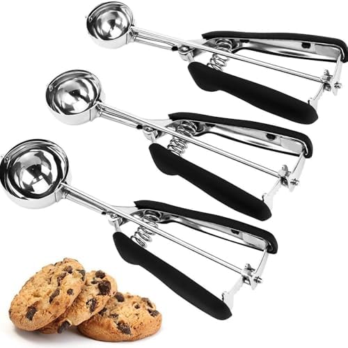 Cookie Scoop Set, Cookie Scoops for Baking Set of 3, Cookie Dough Scoop, 1 Tablespoon/ 2 Tablespoon/ 3 Tablespoon, Red/Black/Mint Handle, For Cookie, Cupcake, Muffin, Ice Cream,Truffles
