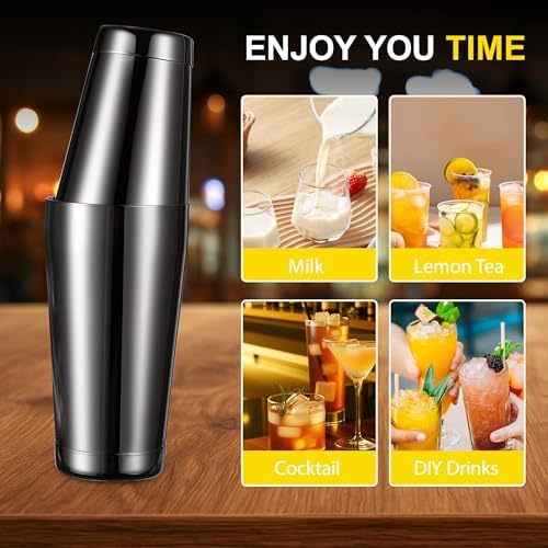 Boston Shaker Set, 18oz & 28oz 2-Piece Tins, Professional 304 Stainless Steel Cocktail Shaker with Leak-Proof Weighted Base for Bartending, Home & Bar Use (Black)