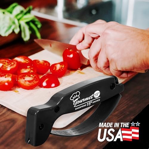 AccuSharp Gourmet Series, 15 Degree Knife Sharpener for Gourmet Knives, Diamond-Honed Tungsten Carbide Reversible Blades, Hones & Refines Straight-Edge or Serrated Gourmet Knives, Hand-Held, Black