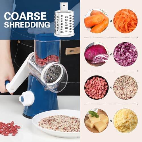 Cambom Rotary Cheese Grater Hand Crank Cheese Shredder for Fresh Cheese, Vegetable, Nuts,Non-slip Suction Base，Three Blades,Dark Blue