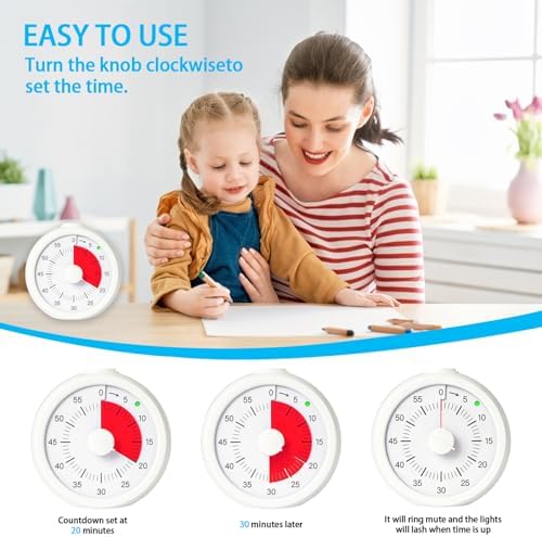 Visual Timer for Kids 60 Minute Countdown Timer for Classroom Study Office Kitchen with Silent Operation RoundTimer (White)