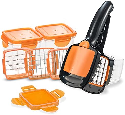 Nutrichopper Fresh-keeping container Vegetable Chopper Onion Chopper - Chops Slices Cubes Wedges – Multi-purpose Fruit Slicer with 3 Extra Stainless Steel Blades & 2 Extra Containers As Seen On TV