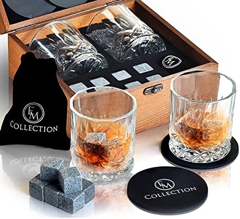 Whiskey Glasses Set of 2 with Whiskey Stones – Bourbon & Scotch Gift Set for Men, Dad, Birthday Gifts for Him