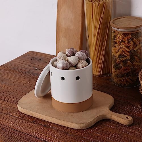 LEETOYI Garlic Keeper with Lid, Garlic Holder Storage Container, Ceramic Garlic Container for Countertop, Garlic Saver to Keep Your Garlic Cloves Fresh Longer, Easy to Clean