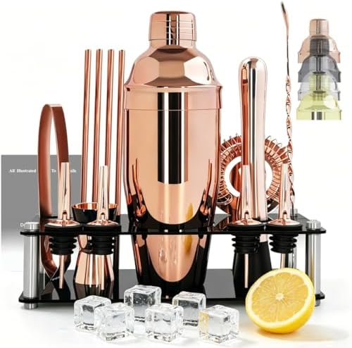 14-Piece Cocktail Shaker Set with Stand, Bartender Kit, 25oz Shakers, Bar Set Cocktail Shaker Set, Jigger for Bartending Kit, Drink Mixer Set, Cocktail Set Recipes Booklet Home, Bar, Party (Rose Gold)
