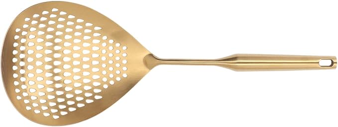 Stainless Steel Strainer Spoon, Long Handle, 15.7 Inches, Gold, for Cooking, Frying, and Filtering