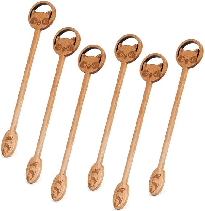 6 Pack Stirring Spoons Food Tasting Spoon Seasoning Spoon Wood Long Handle Kitchen Spoon Cooking Utensil (Raccoon Design)