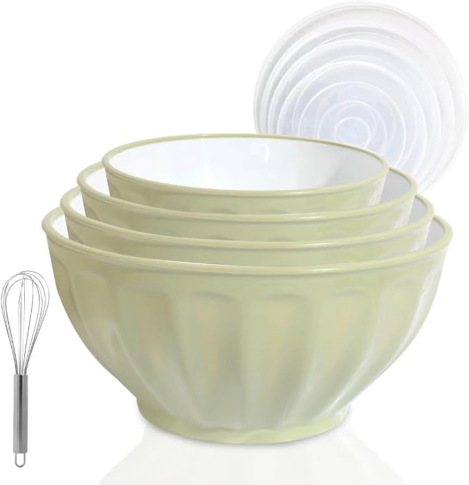 Mixing Bowls with Lids Set,Plastic Prep Bowl with Lid,Mixing Bowl Set for Kitchen Cooking, Baking,Storage Food,4 Big Nesting Bowls and 1 Egg Whisk,Stackable，Green