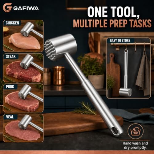 Stainless Steel Meat Tenderizer Tool, Heavy Duty Meat Mallet Hammer with Ergonomic Non-Slip Handle, Dual-Sided Meat Pounder for Steak, Chicken, Pork, Beef, Dishwasher Safe Kitchen Tool. (Steel Handle)