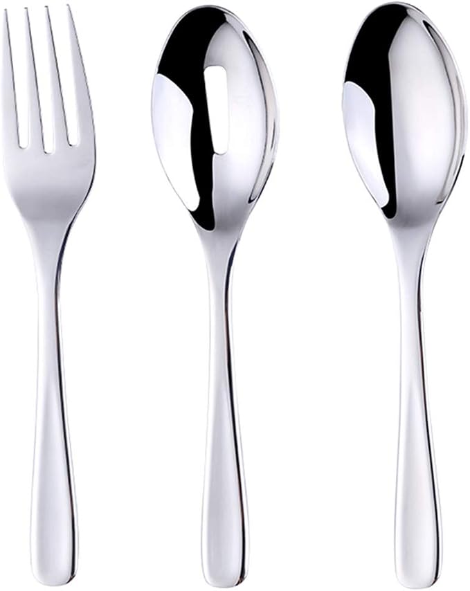 Long Handle Serving Set, Stainless Steel Polished Serving Spoon, Fork, Slotted Spoons, Set of 3 (Silver)