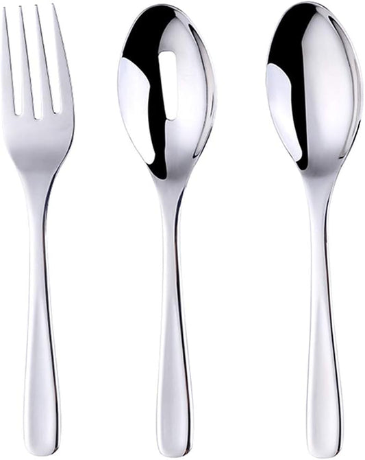 Long Handle Serving Set, Stainless Steel Polished Serving Spoon, Fork, Slotted Spoons, Set of 3 (Silver)