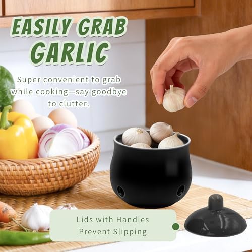 Small Garlic Keeper for Counter, Ceramic Garlic Holder Storage Jar with Lid