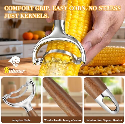 KULUNER Stainless Steel Corn Stripper Tool - Burma Teak Wood Handle, Rust-Resistant Polished Blade, Easy Clean Corn Cob Remover for Salad, Salsa, Party (Burma Teak)