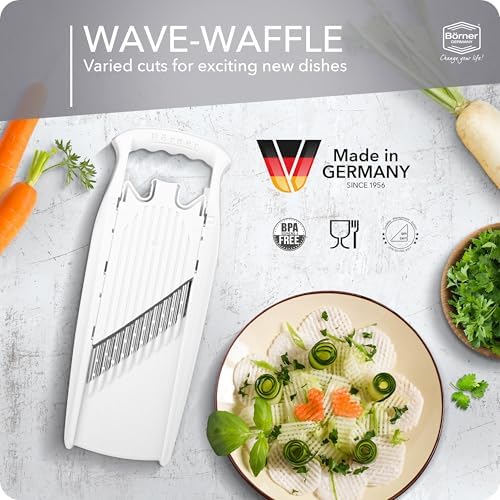 Börner by Reston Lloyd Wave-Waffle Power Line • Crinkle Cut/Spirelli Vegetable Slicer & Food Safety Holder • Slicer for Wave Waffle Cut Style • Multiple Thickness Options • Made in Germany, White