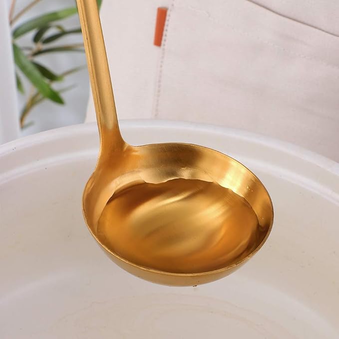 Buyer Star 2 Pcs Soup Ladle Spoons,Gold Black Cookware Serving Long Handle Steel Slotted Spoon Cooking Utensil Set for Hotpot