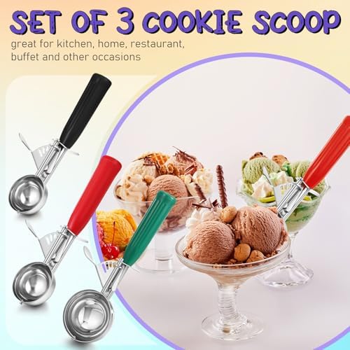 Reallnaive 3 Pcs Ice Cream Scooper with Trigger, 2.65+1.33+0.75oz, 3 Colors