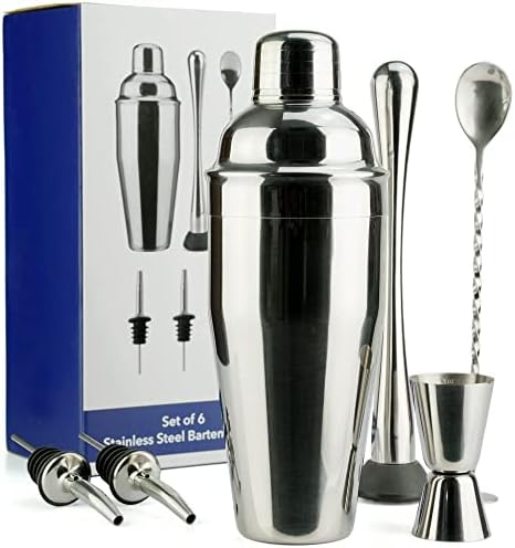 Arora Barware Set - 6pc - Stainless Steel - Professional Bar Tools for Drink Mixing, Home, Bar, Party, Silver, 24oz (851111)