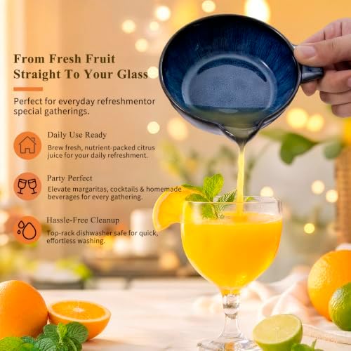 Lemon Orange Grapefruit Juicer Manual Squeezer Ceramic Hand Juicer Reamer Rotation Press with Strainer＆ 5oz Bowl, Pour Spout, Handle, Dishwasher Safe,Ocean Blue