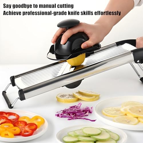 Adjustable Mandoline Food Slicer, Mandoline Slicer for Kitchen, Mandolin, Potato, Tomato, Carrot, Onion Cutter and Fruit - Stainless Steel - 6-Piece Fruit & Vegetable Cutting Set (Silver)