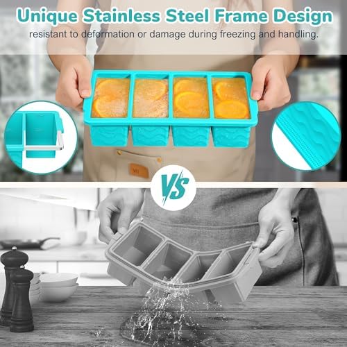 Silicone Freezer Trays with Lid (4-Pack), 1-Cup, 2-Cup, 1/2-Cup & 2-Tbsp Silicone Freezer Molds, Stackable Soup Freezer Meal Prep Containers,Ice Cube Tray for Making Sauce,Smoothies,Yogurt Bites