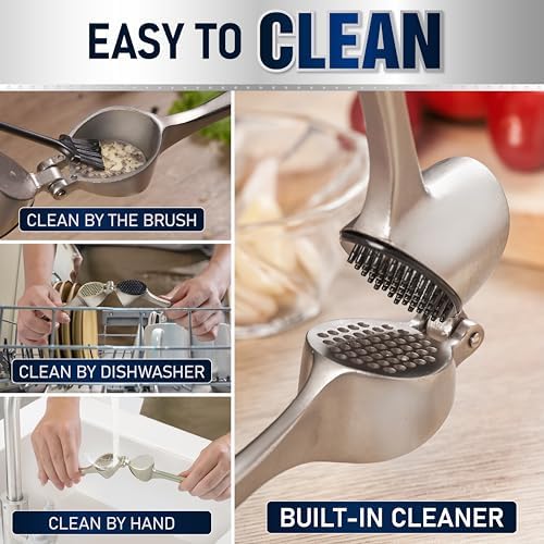 Garlic Press Set - Premium Professional Garlic Mincer Tool - Garlic Crusher. Easy-Squeeze, Easy-Clean, Ergonomic anti-slip handle - Silicone Garlic Peeler & Brush, 6.8in x 1.8in, ETZX1