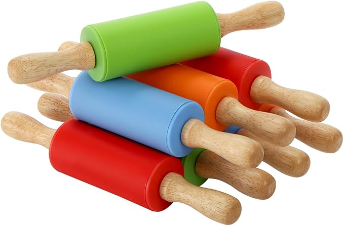 SOUJOY 8 Pack Mini Rolling Pin, 9 Inch Small Dough Roller with Wood Handle, Silicone Dough Rolling Pin for Kids Craft Kitchen Dough Cookie Pastry Fondant Cake, 4 Colors