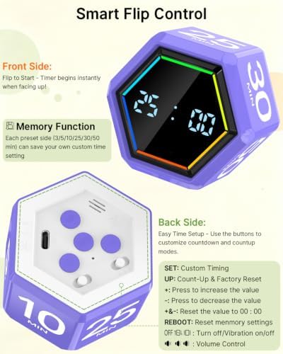 Rotating Pomodoro Timer Cube 3/5/10/25/30/50 min with Colorful Visual Bar