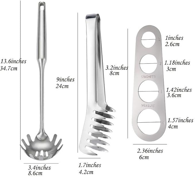 Stainless Steel Spaghetti Server Set 9" Spaghetti Pasta Tong Pasta Spoon Server Fork Measuring Tool Set