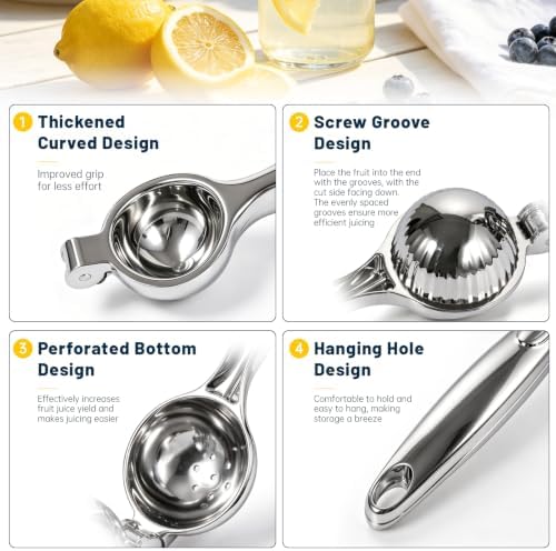 Manual Lemon Squeezer,Heavy Duty Metal Lime Squeezer with Hinged Handle Hand Press Juicer Easy Cleaning for Lemon Lime and Citrus Fruit Silver