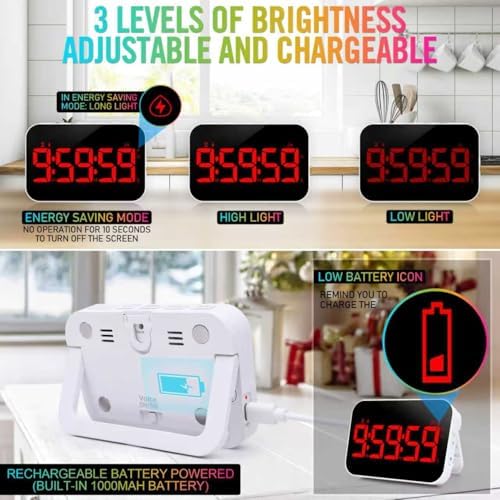 Kitchen Timer for Cooking, Rechargeable Digital Magnetic Timer with Large LED Display, Loud Alarm, Sound Countdown, 4 Volume Levels and 3 Brightness for Classroom, Study (red)