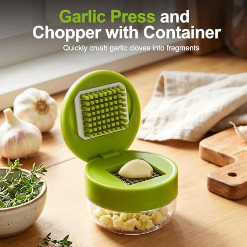 Mini Garlic Chopper and Press with Container，2026 New Manual Garlic Twister Masher and Crusher，Garlic Press Stainless Steel for Kitchen Cooking and Food Prep (3)