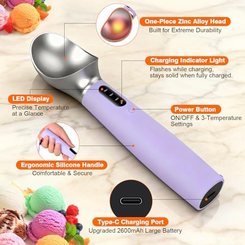 Heated Ice Cream Scoop Rechargeable, Electric Ice Cream Scooper with 3-Temp Settings, LED Display & IPX7 Waterproof, Ergonomic Silicone Handle, House Warming Gifts for Women Men Friend (purple)