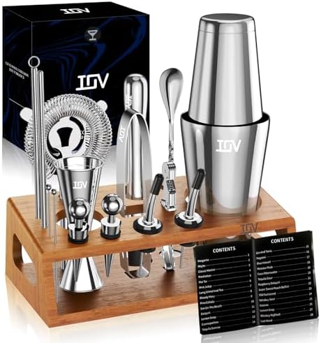 IOV Mixology Bartender Kit Bar Set with Stand | 17-Piece Cocktail Shaker Set | 28oz Boston Shaker Drink Mixer Set with All Essential Accessory Tools | Fun Housewarming Gift