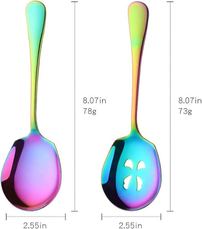 Serving Spoons Set, 3 Serving Spoons and 3 Slotted Serving Spoons, Rainbow Stainless Steel Serving Utensils for Buffet Can Banquet Cooking Kitchen - Mirror Polished