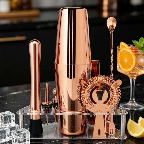 9-Piece Cocktail Shaker with Stand, 25oz Bartender Kit, Cocktail Shaker with Strainer Set, Boston Shaker Set, Bar Set Jigger for Bartending Drink Mixer Set, Cocktail Set Recipes (Rose Gold-25/20oz)
