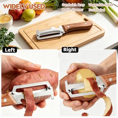 Left & Right Hand Vegetable Peeler Set with Scallion Slicer & Bottle Opener, Thickened Stainless Steel Wide Blade for Smooth Peeling, Wooden Handle Kitchen Peeler for Fruits & Vegetables