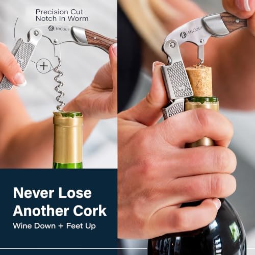Hicoup Wine Opener - Professional Corkscrews for Wine Bottles w/Foil Cutter and Cap Remover - Manual Wine Key for Servers, Waiters, Bartenders and Home Use - Rosewood & Steel