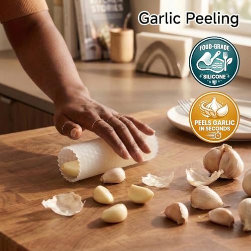 2-in-1 Garlic Press and Peeler Set - Manual Garlic Crusher Masher with Silicone Roller & Easy-to-Clean Design, Fastest Kitchen Tool for Peeling and Mashing Garlic Cloves