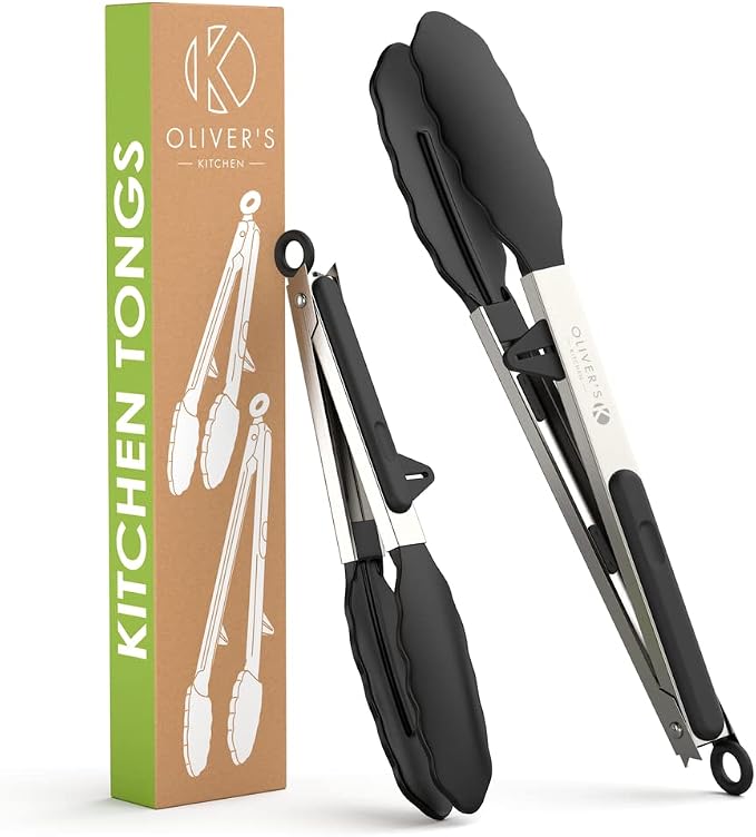 Oliver's Kitchen ® Tongs - 2x Food Safe Silicone Cooking Tongs - Locking Clip for Easy Storage - Great for BBQ - Easy To Use & Grip Kitchen Tongs - Stylish Stainless Steel Design
