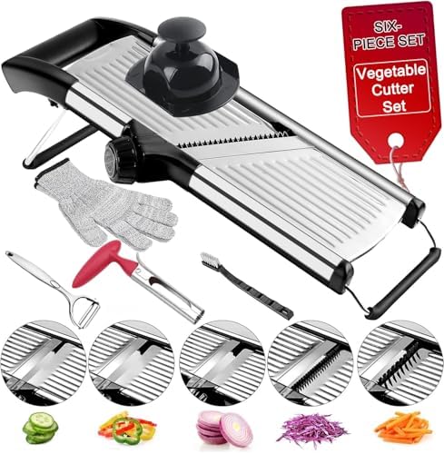 Adjustable Mandoline Food Slicer, Mandoline Slicer for Kitchen, Mandolin, Potato, Tomato, Carrot, Onion Cutter and Fruit - Stainless Steel - 6-Piece Fruit & Vegetable Cutting Set (Silver)