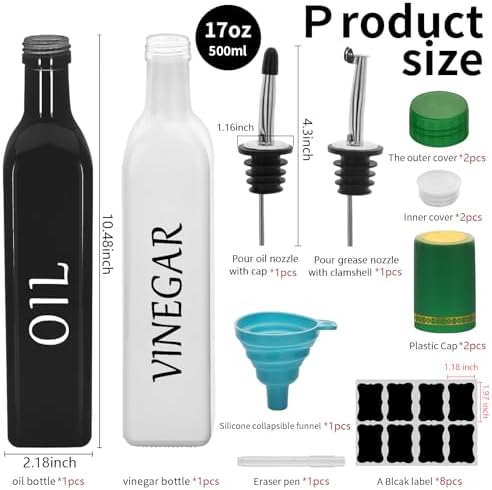 Olive Oil Dispenser Bottle,2 Pcs 17oz 500ml Glass O il and Vinegar Dispenser Set with 2 Stainless Steel Pourers, 8 Labels,Funnel Vinegar Bottles for Kitchen (Black Oil & White Vinegar)