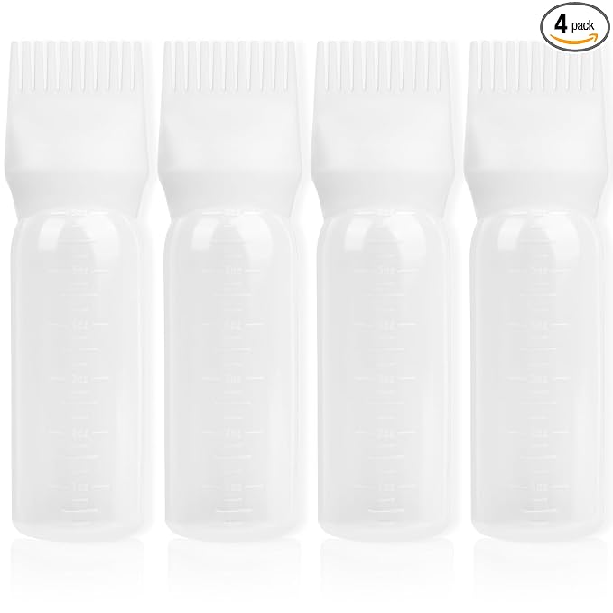 Root Comb Applicator Bottle 6 Ounce, 4 Pack Hair Oil Applicator with Root Comb Brush for Scalp Hair Oiling - White