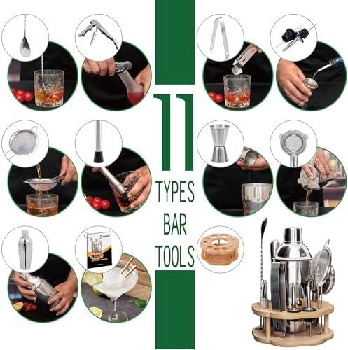 Cocktail Shaker Set Bartender Kit with Rotatble Bamboo Stand,11 Piece Bar Set Stainless Steel Bar Accessories for Drink Mixing, Bar, Home, Party (Silver)